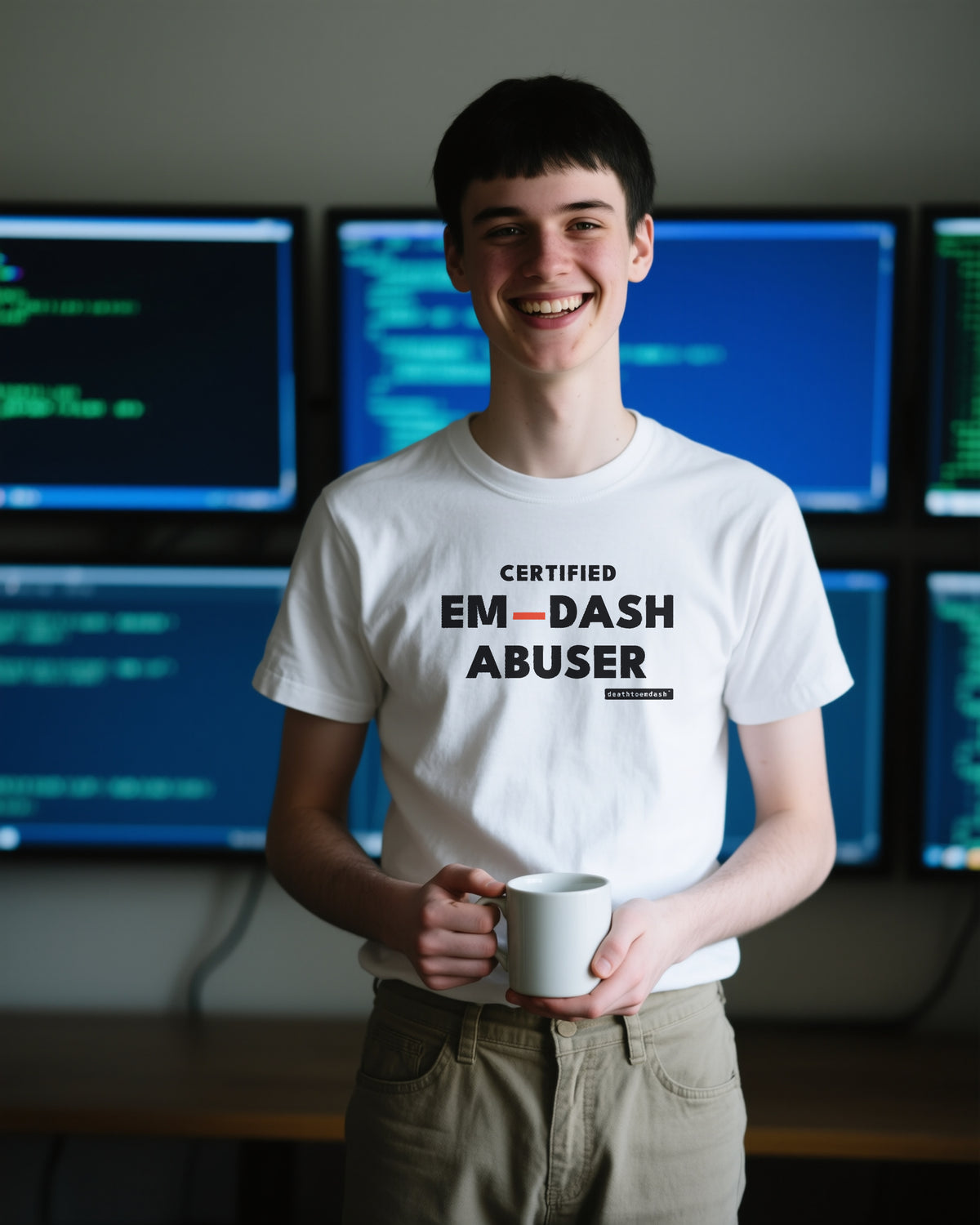 Certified Em Dash Abuser unisex heavyweight t-shirt in white, worn