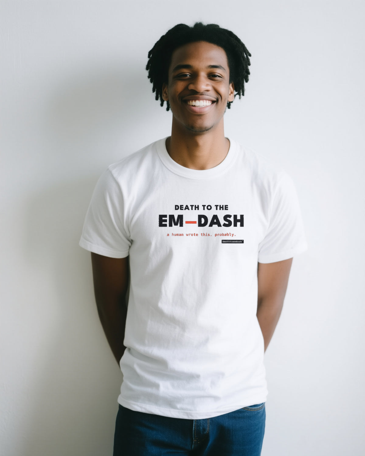 Death To The Em Dash unisex heavyweight t-shirt in white, worn