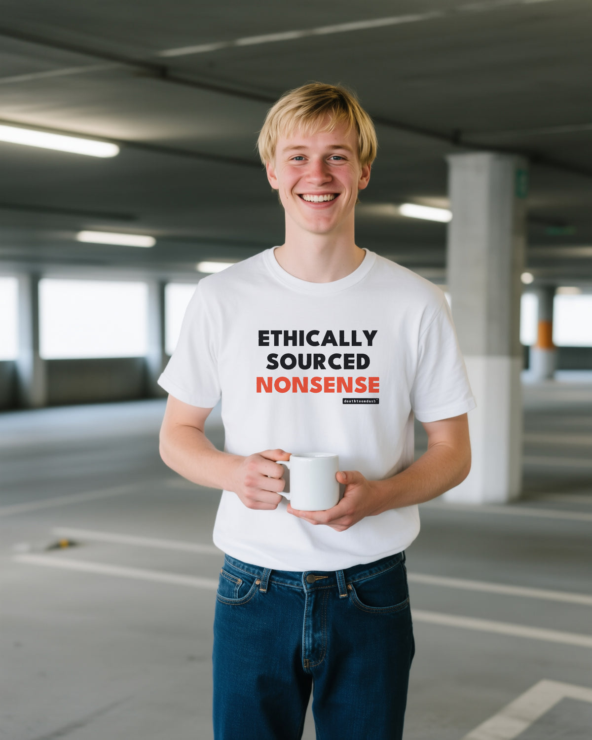 Ethically Sourced Nonsense unisex heavyweight t-shirt in white, worn