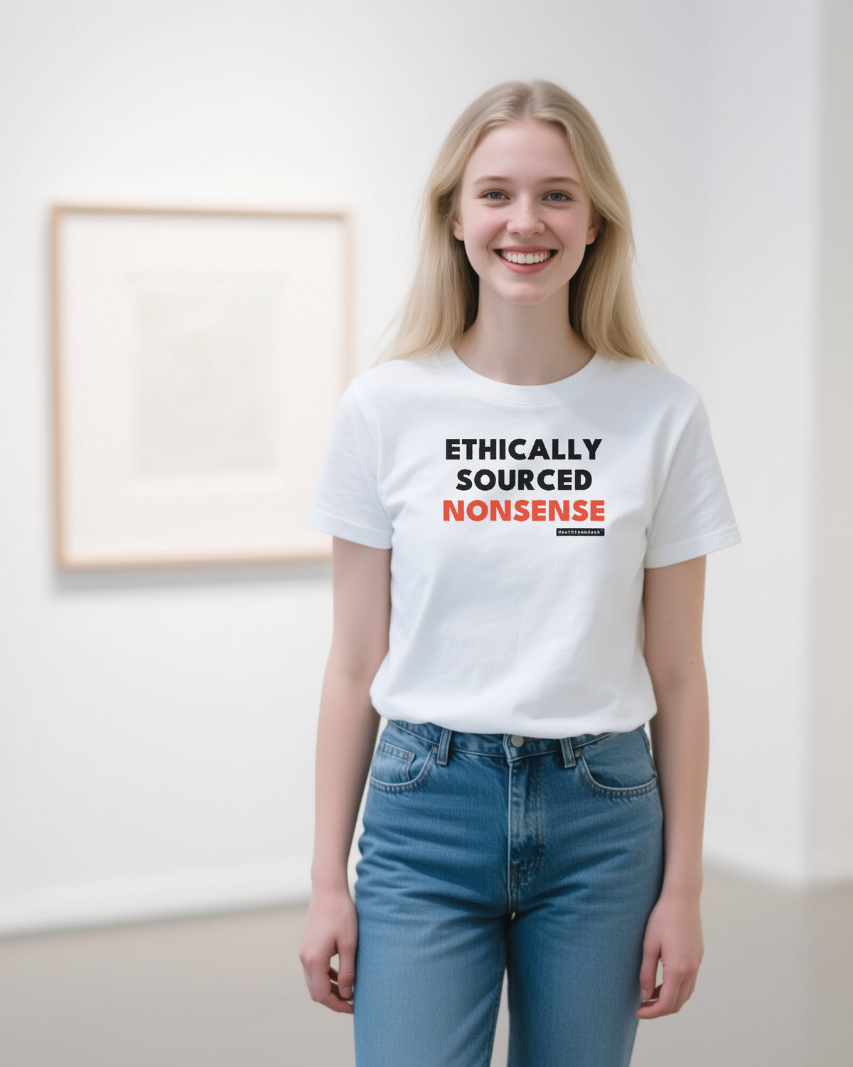 Ethically Sourced Nonsense unisex heavyweight t-shirt in white, worn