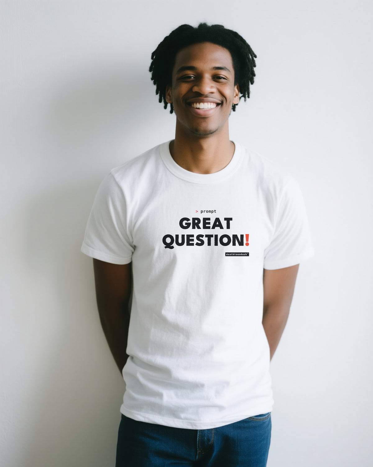 Great Question unisex heavyweight t-shirt in white, worn