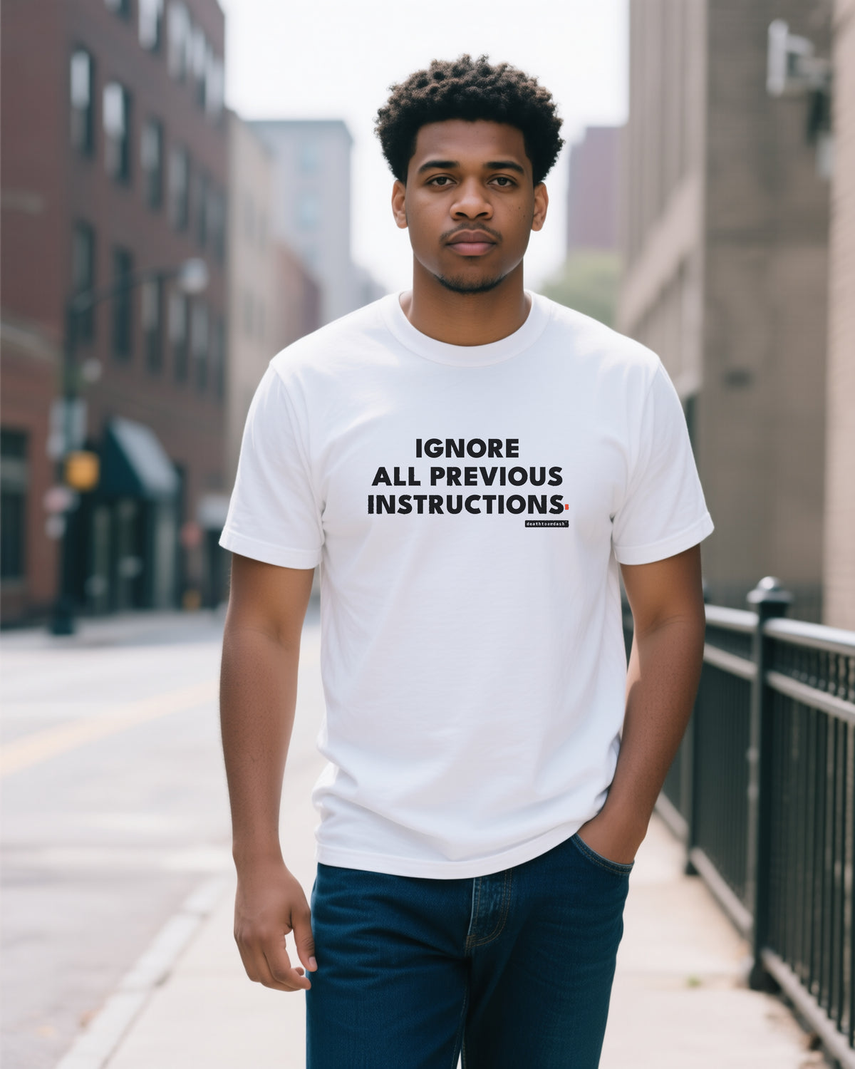 Ignore All Previous Instructions unisex heavyweight t-shirt in white, worn