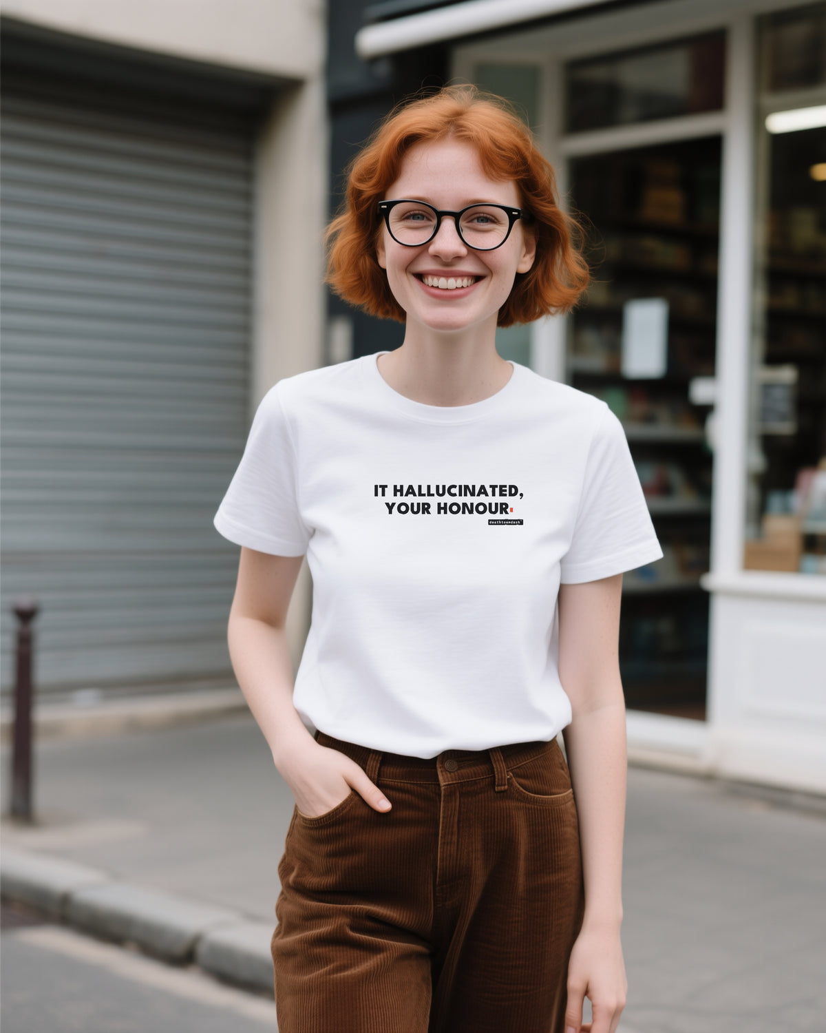 It Hallucinated Your Honour unisex heavyweight t-shirt in white, worn