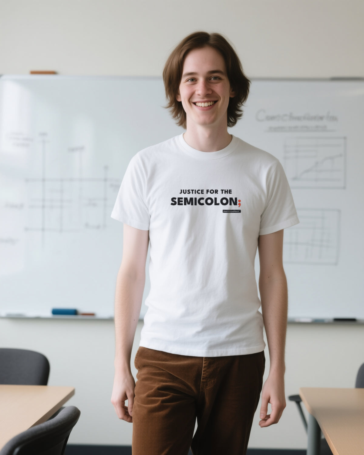 Justice For The Semicolon unisex heavyweight t-shirt in white, worn