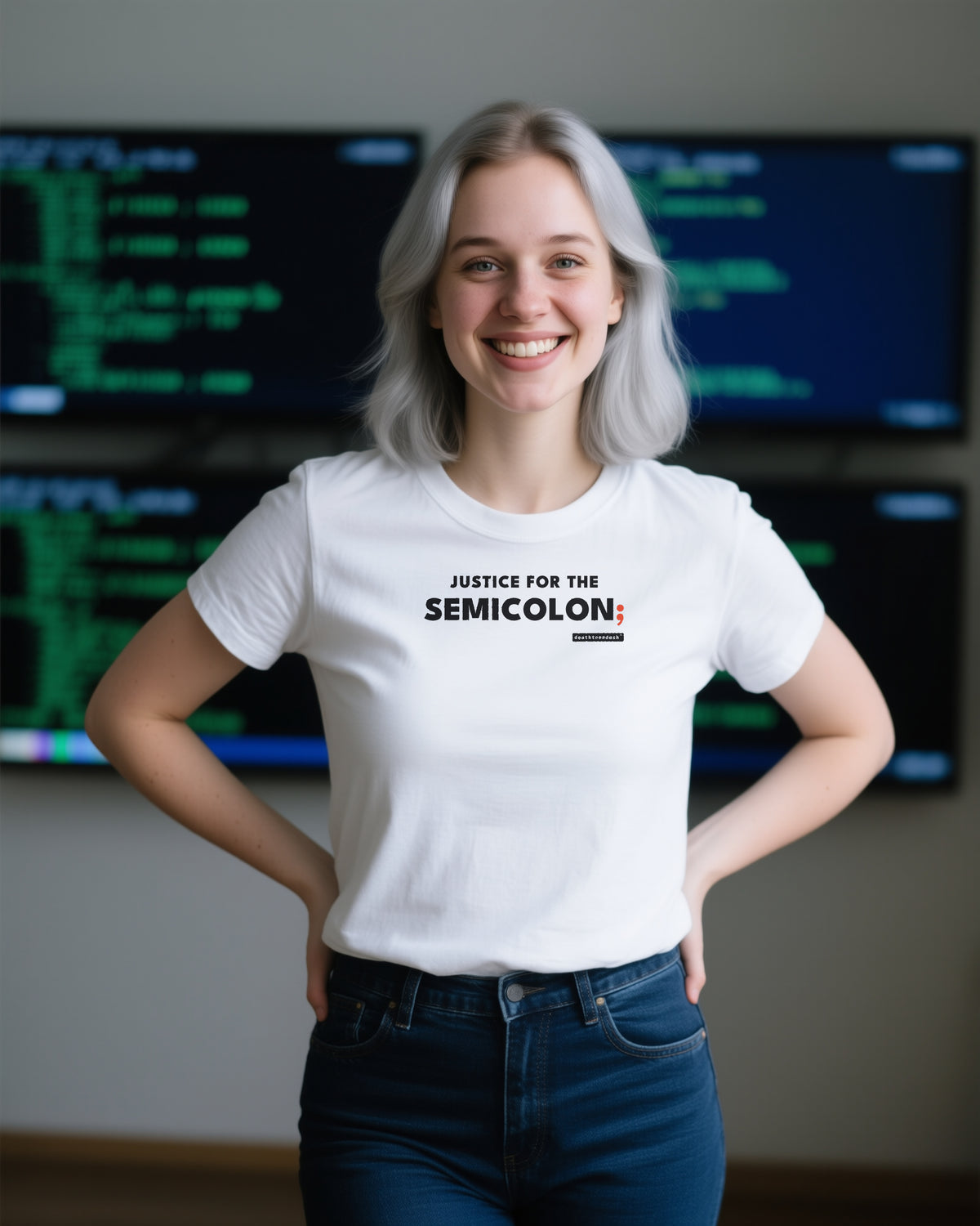 Justice For The Semicolon unisex heavyweight t-shirt in white, worn