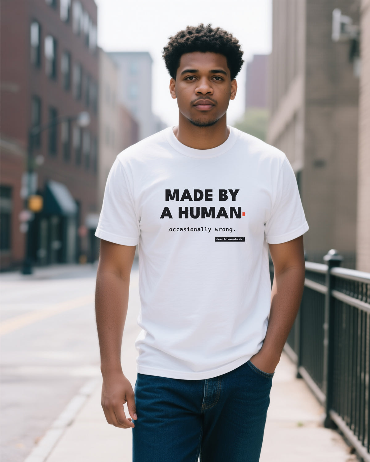Made By A Human Occasionally Wrong unisex heavyweight t-shirt in white, worn