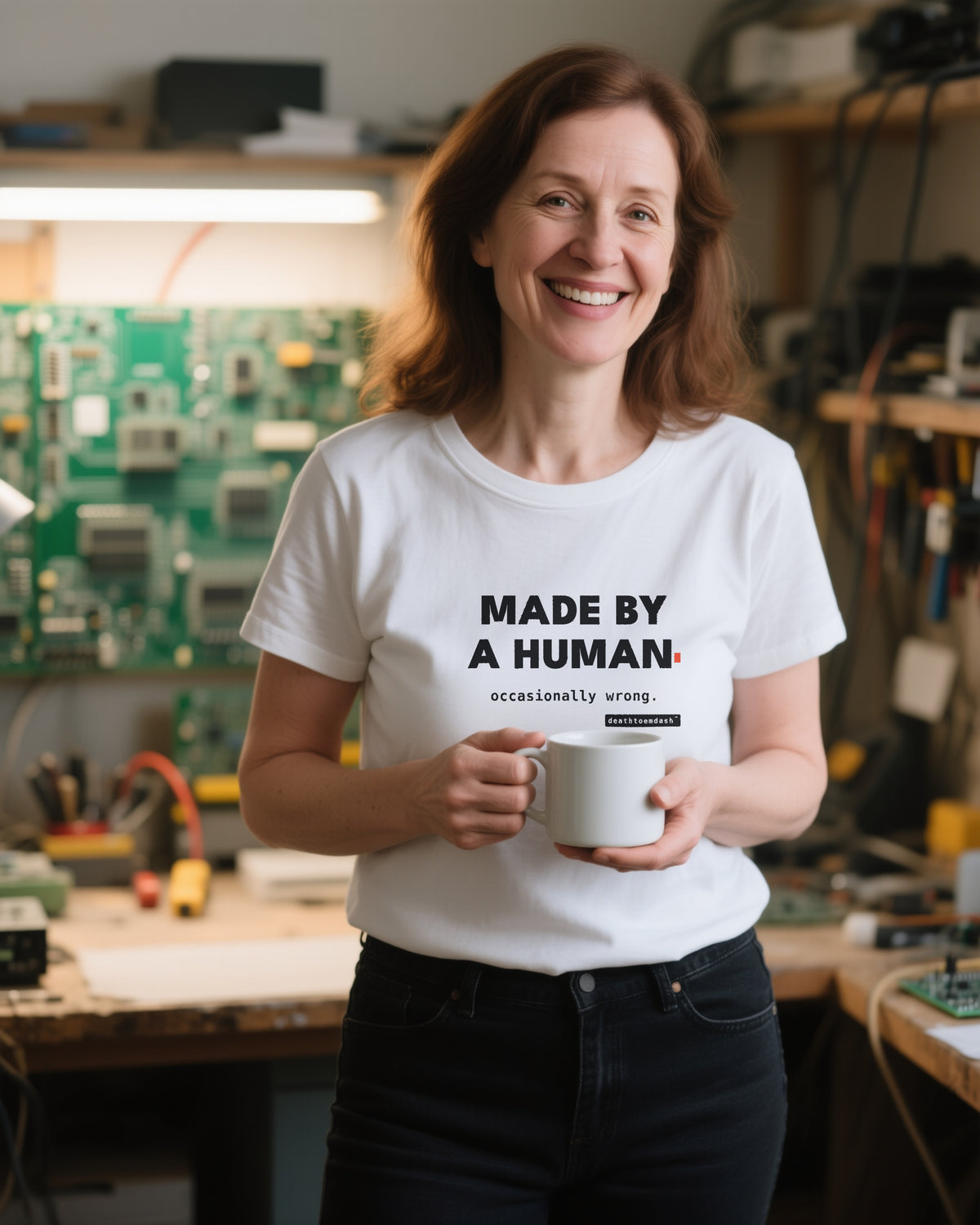 Made By A Human Occasionally Wrong unisex heavyweight t-shirt in white, worn