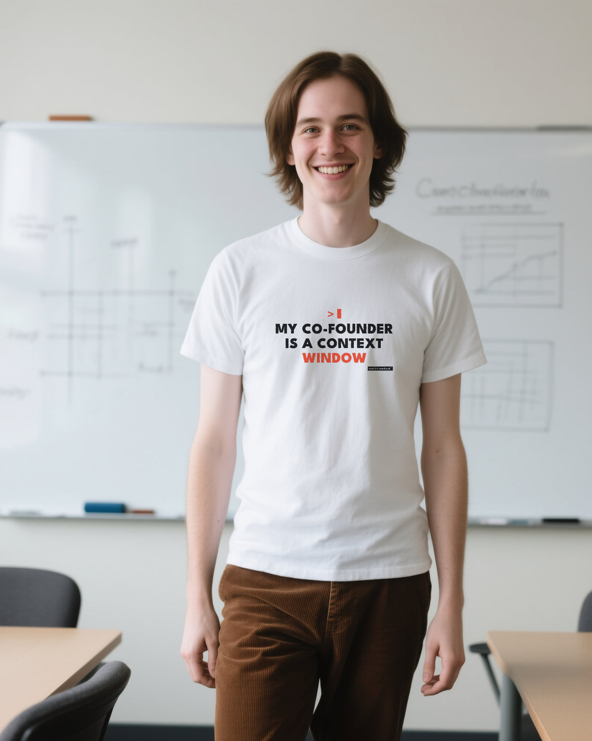 My Cofounder Is A Context Window unisex heavyweight t-shirt in white, worn