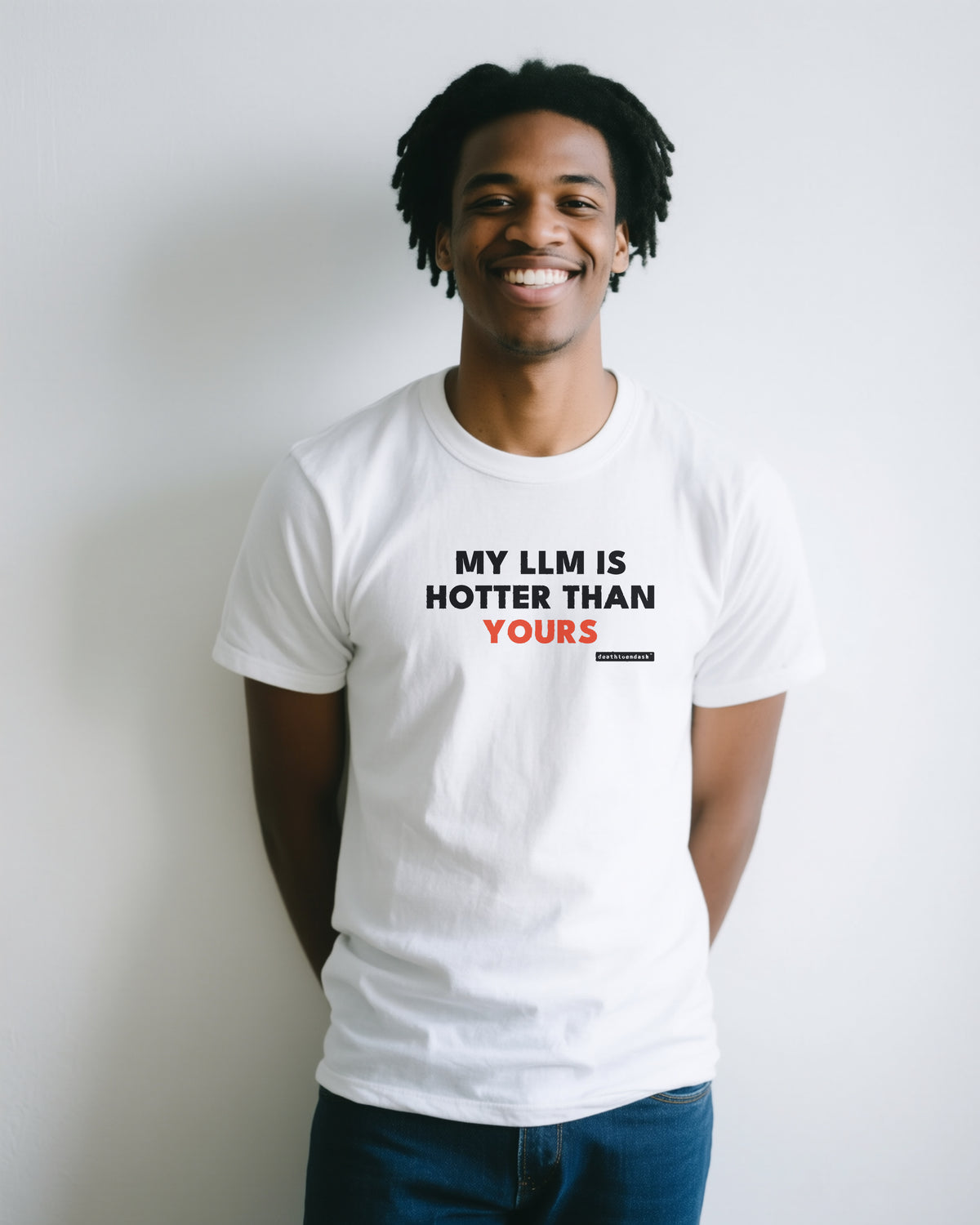 My Llm Is Hotter Than Yours unisex heavyweight t-shirt in white, worn