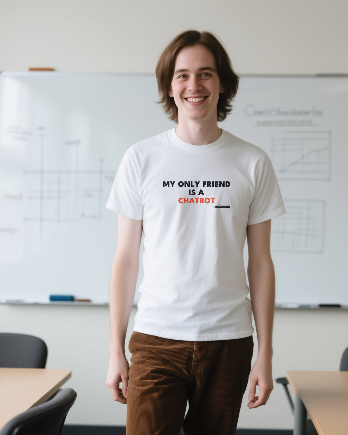 My Only Friend Is A Chatbot unisex heavyweight t-shirt in white, worn
