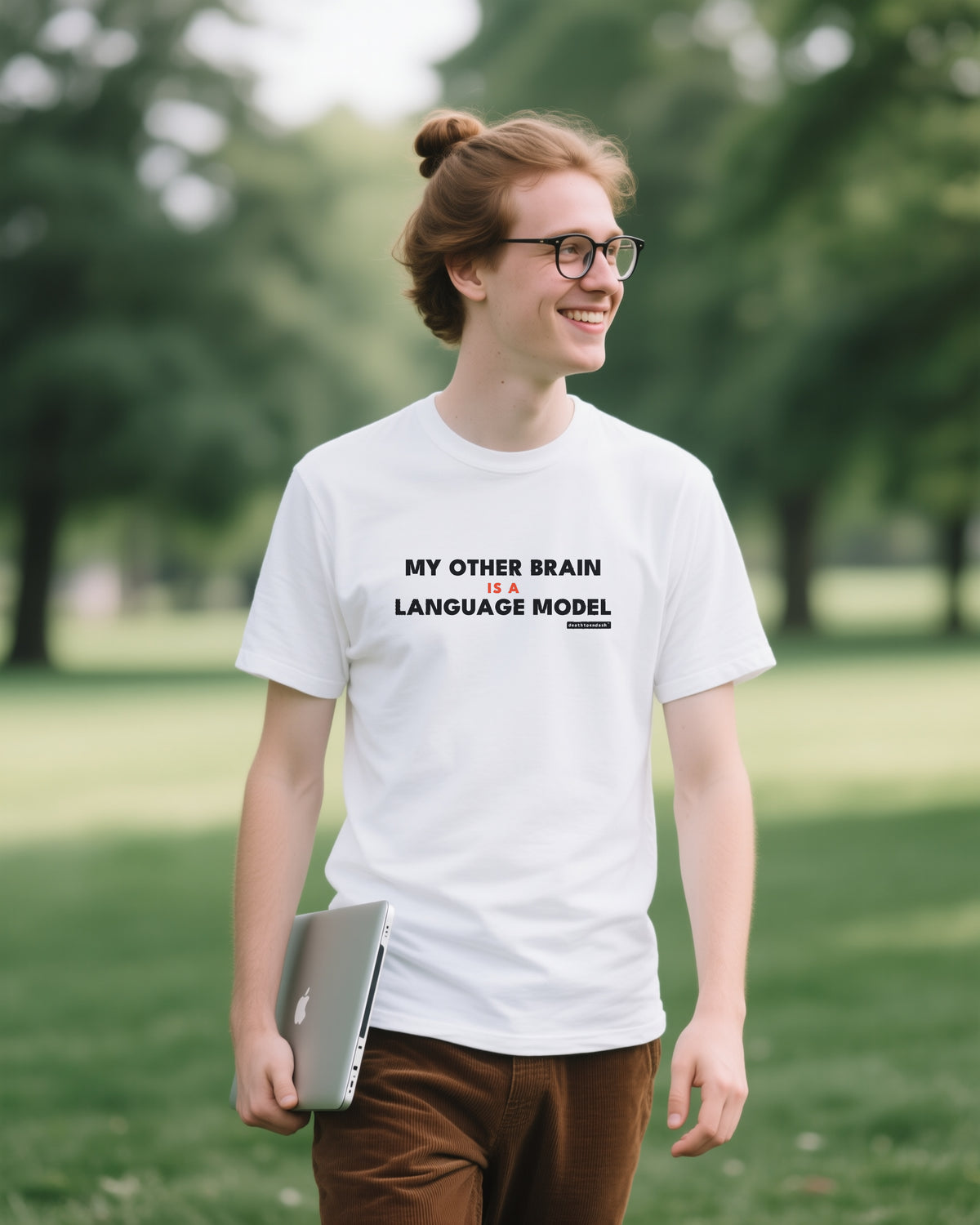 My Other Brain Is A Language Model unisex heavyweight t-shirt in white, worn