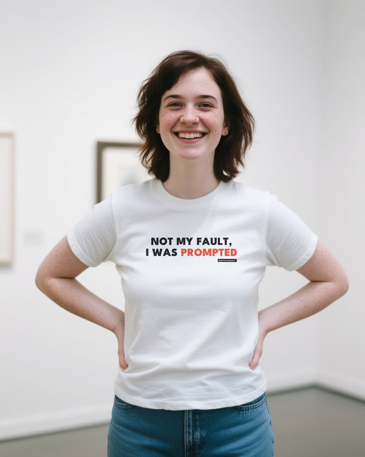 Not My Fault I Was Prompted unisex heavyweight t-shirt in white, worn