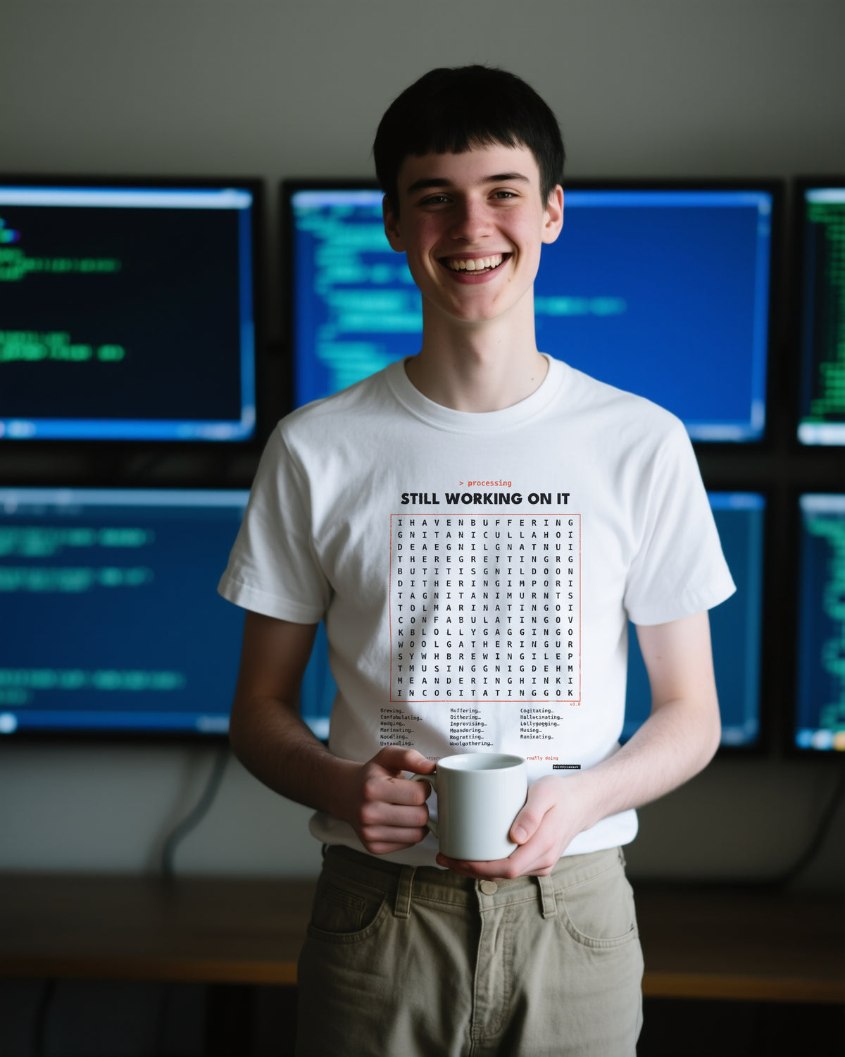 Processing Wordsearch V1 unisex heavyweight t-shirt in white, worn