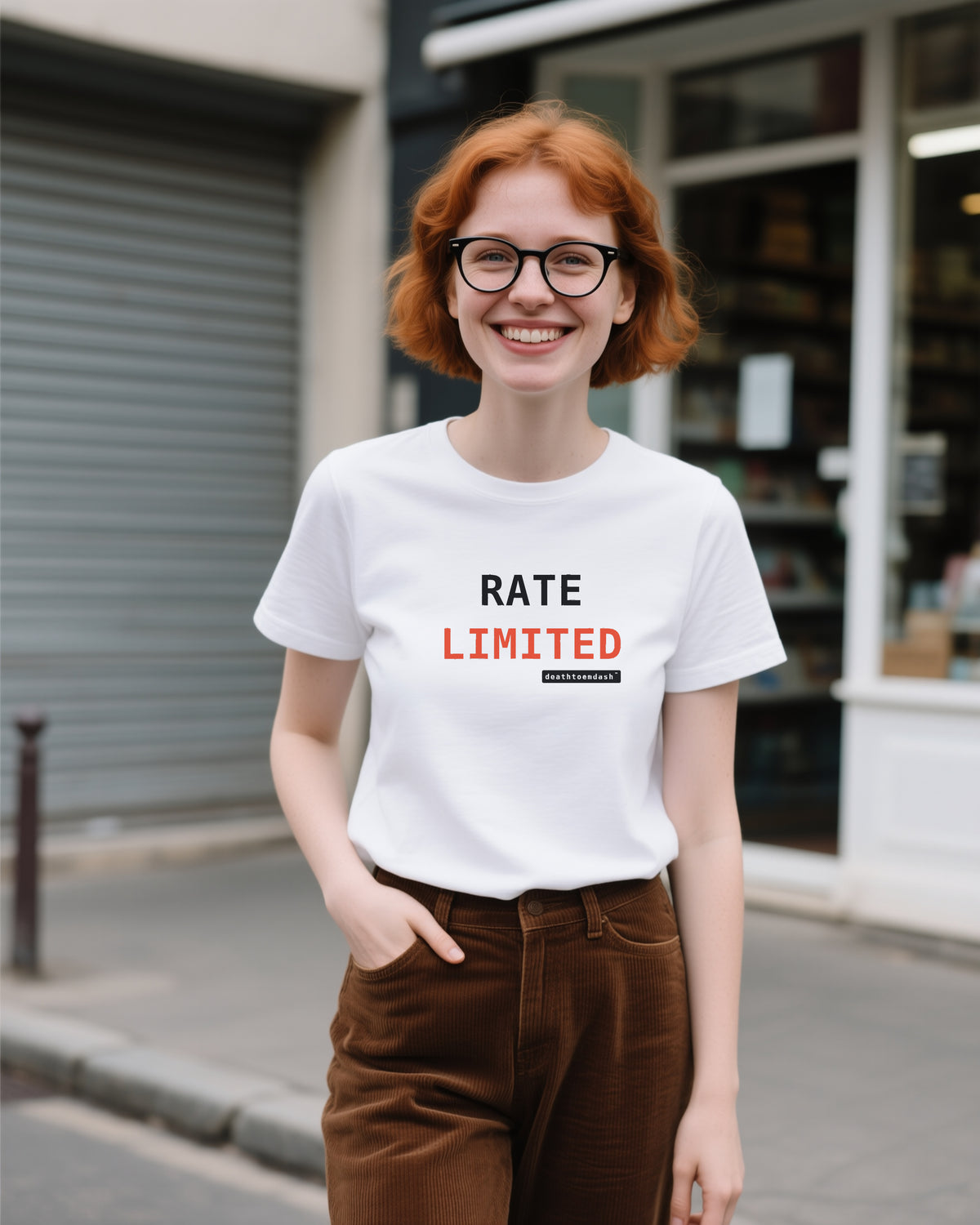 Rate Limited unisex heavyweight t-shirt in white, worn