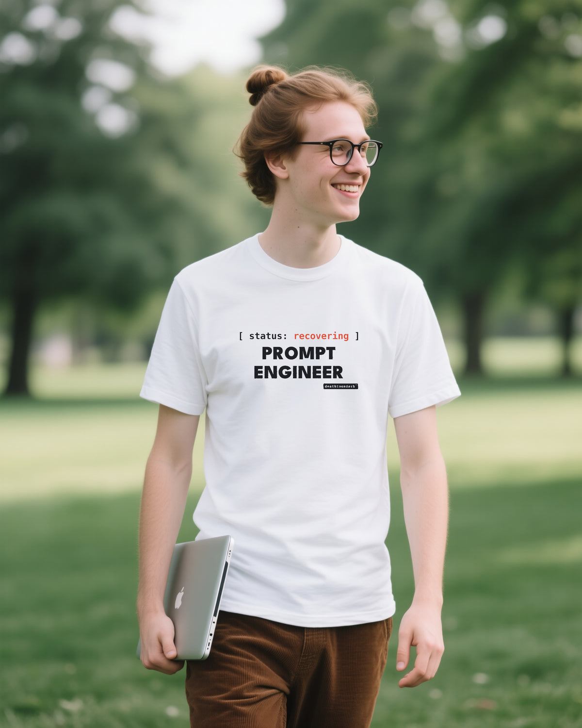 Recovering Prompt Engineer unisex heavyweight t-shirt in white, worn