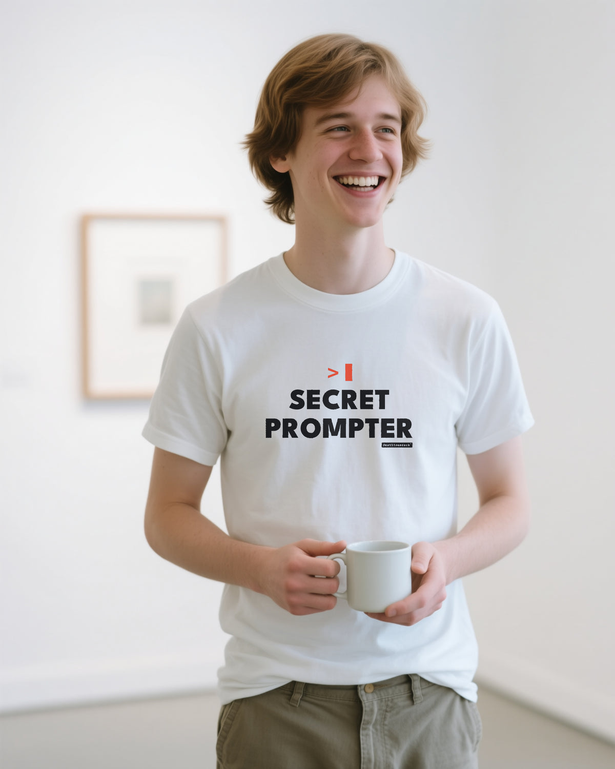 Secret Prompter unisex heavyweight t-shirt in white, worn