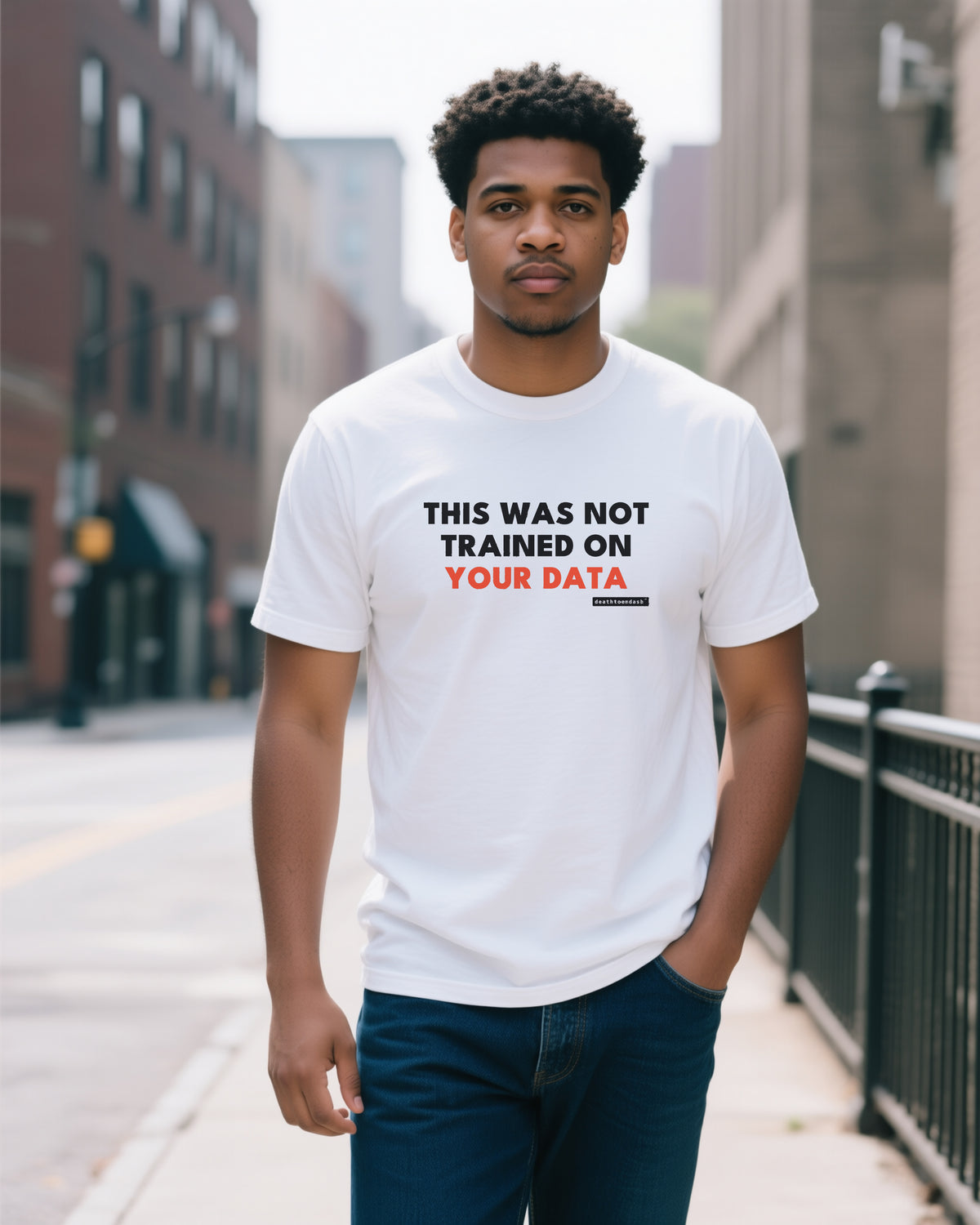 This Was Not Trained On Your Data unisex heavyweight t-shirt in white, worn