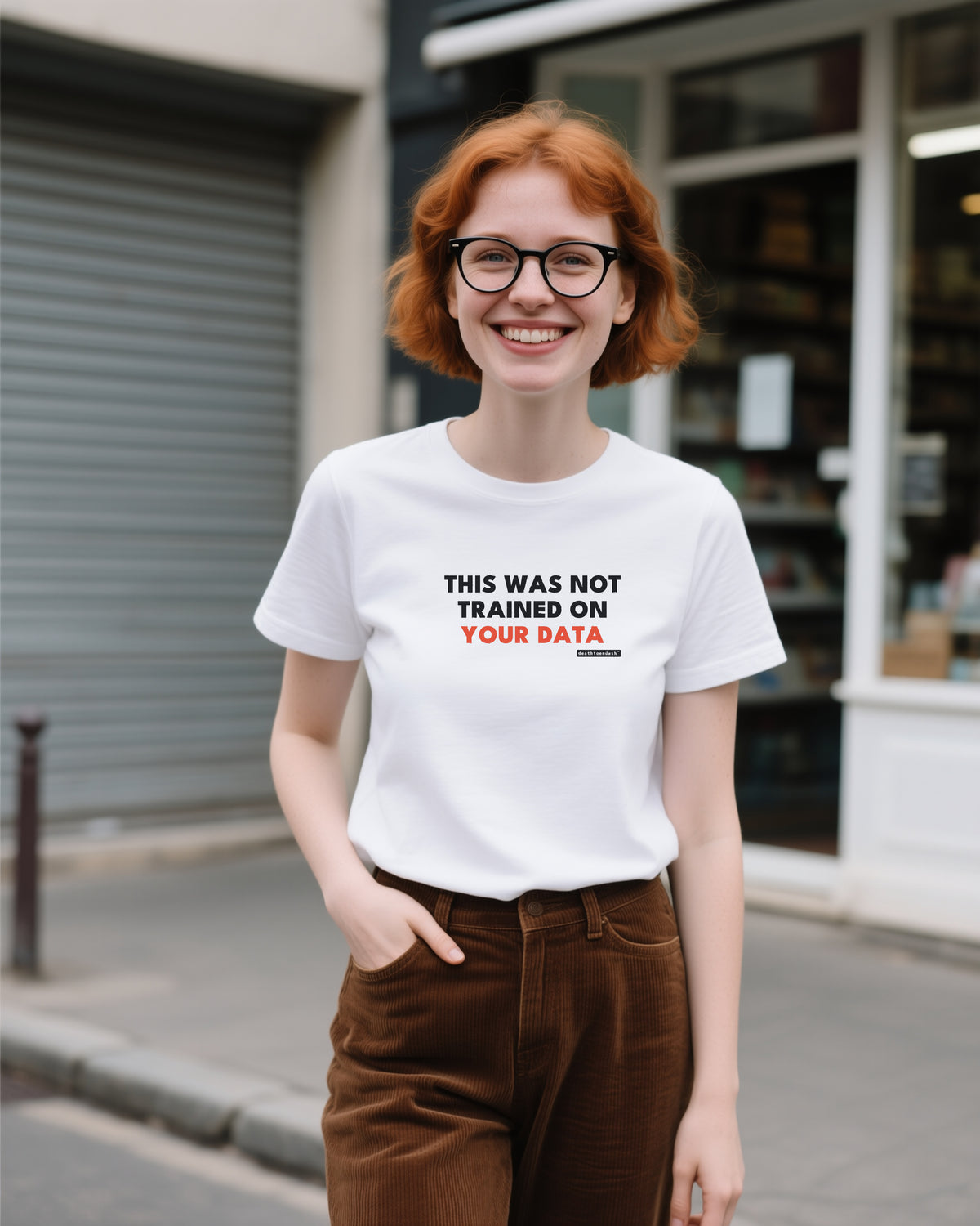This Was Not Trained On Your Data unisex heavyweight t-shirt in white, worn