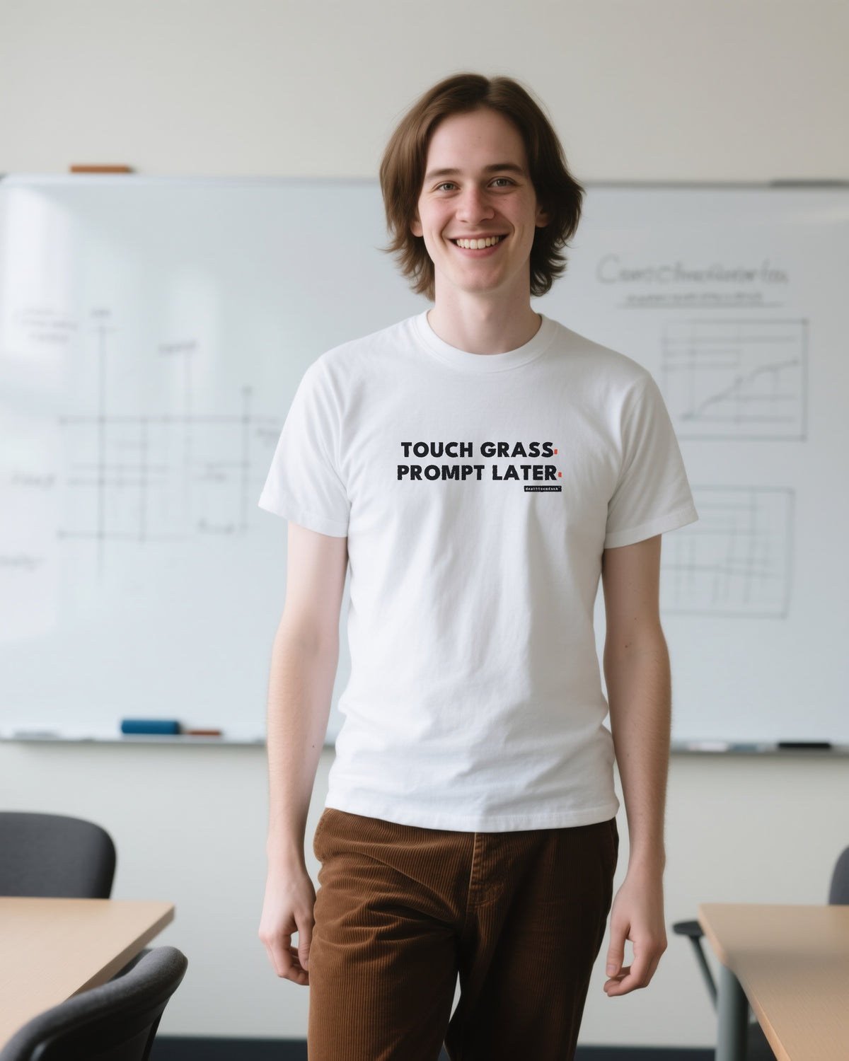 Touch Grass Prompt Later unisex heavyweight t-shirt in white, worn