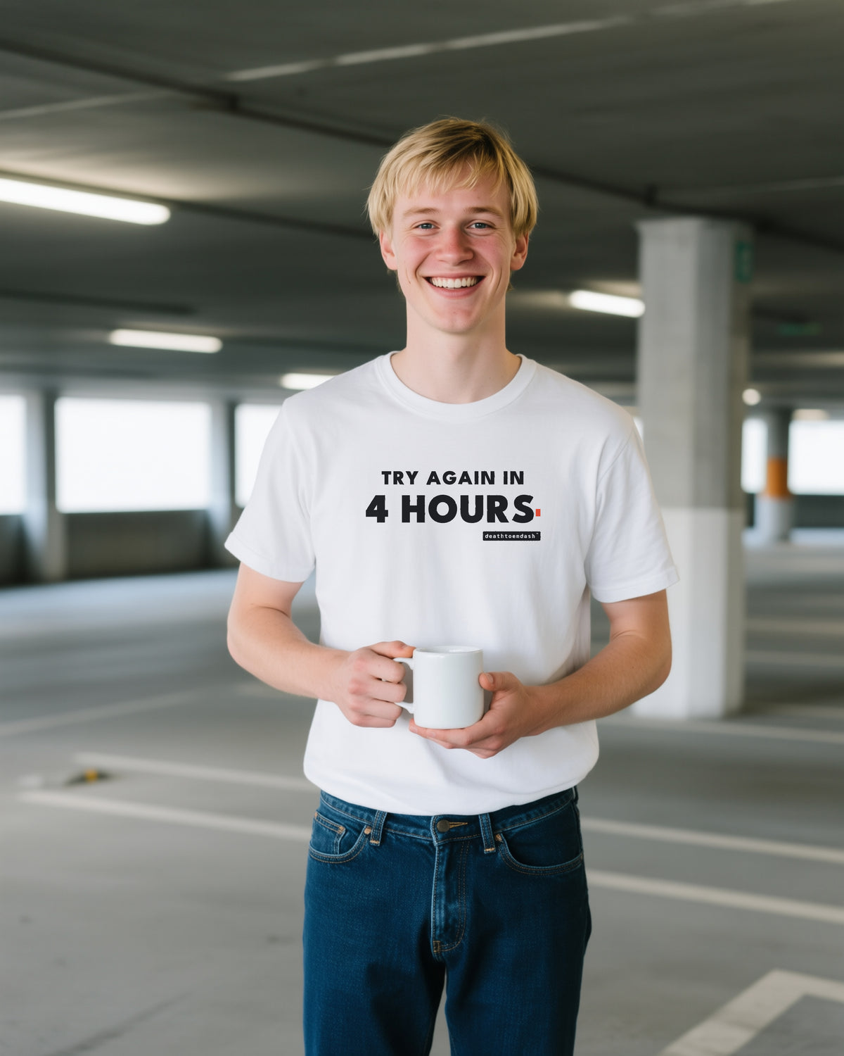 Try Again In 4 Hours unisex heavyweight t-shirt in white, worn