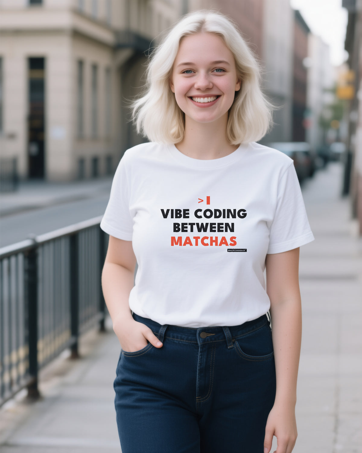 Vibe Coding Between Matchas unisex heavyweight t-shirt in white, worn