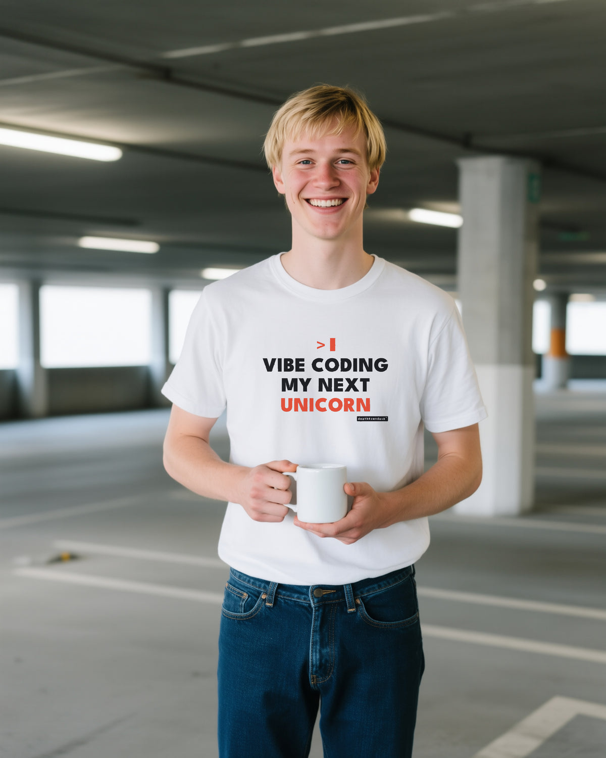 Vibe Coding My Next Unicorn unisex heavyweight t-shirt in white, worn