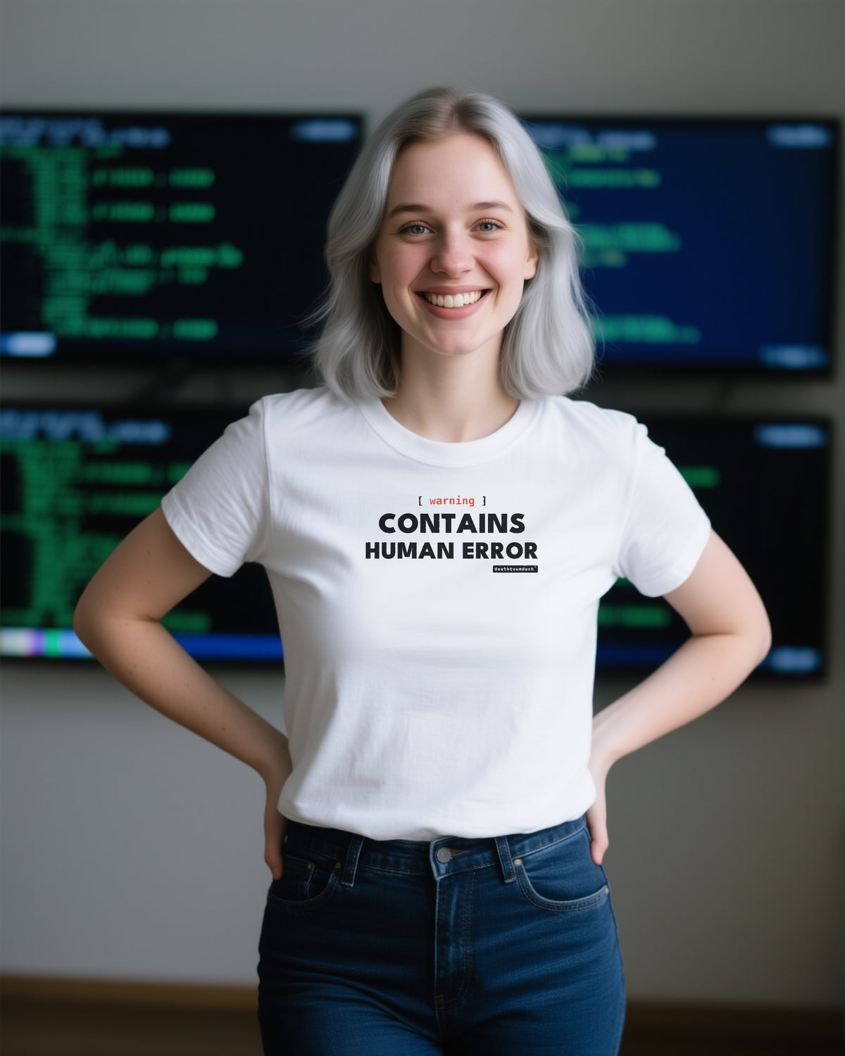 Warning Contains Human Error unisex heavyweight t-shirt in white, worn