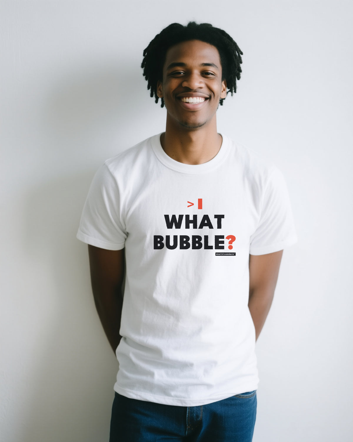What Bubble unisex heavyweight t-shirt in white, worn