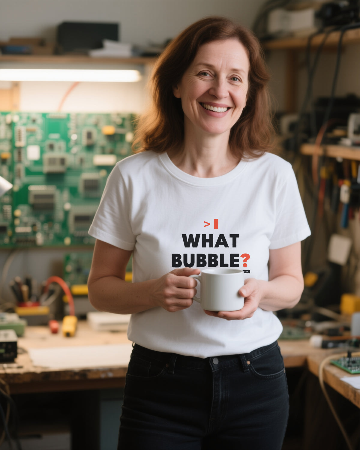 What Bubble unisex heavyweight t-shirt in white, worn