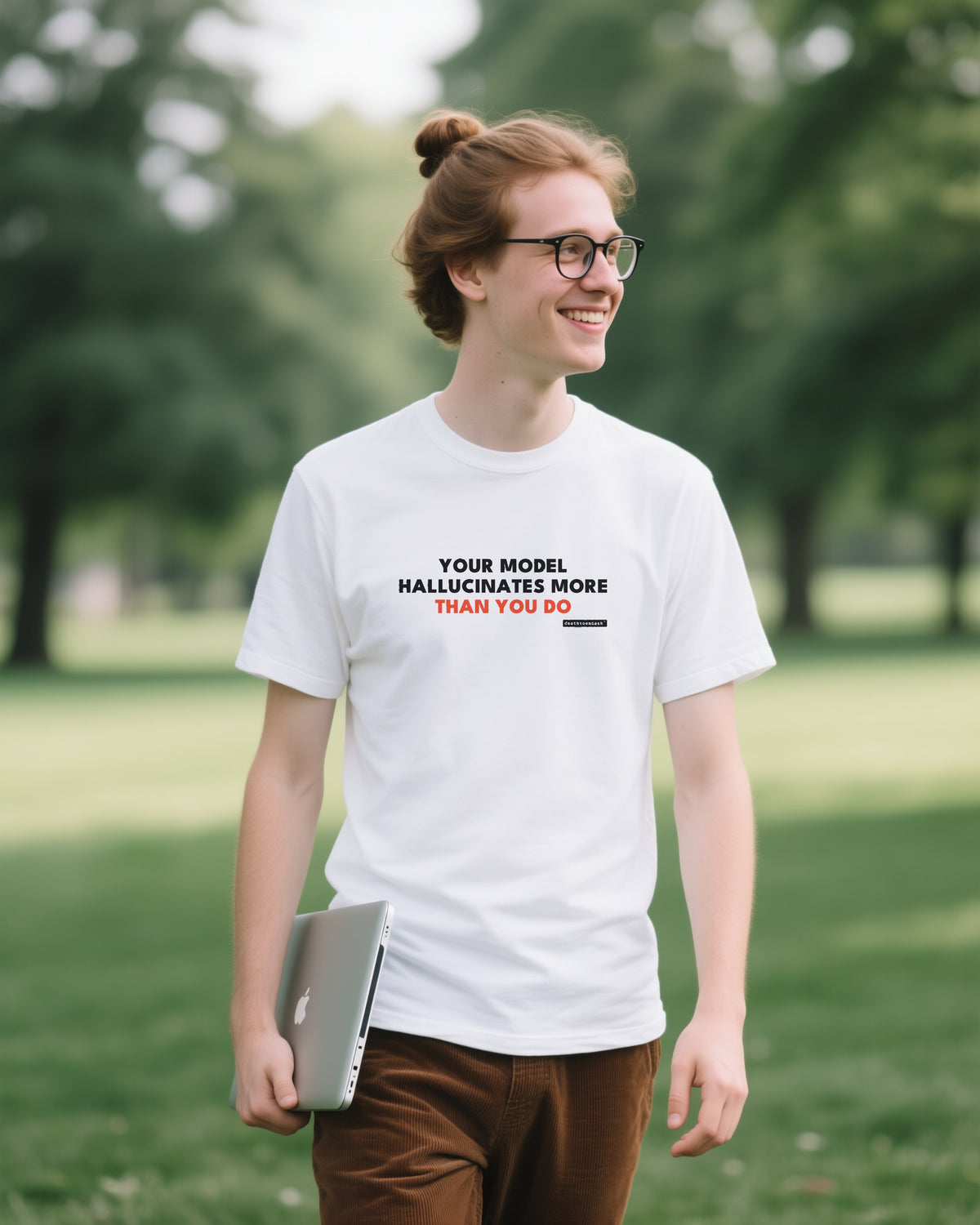 Your Model Hallucinates More Than You Do unisex heavyweight t-shirt in white, worn