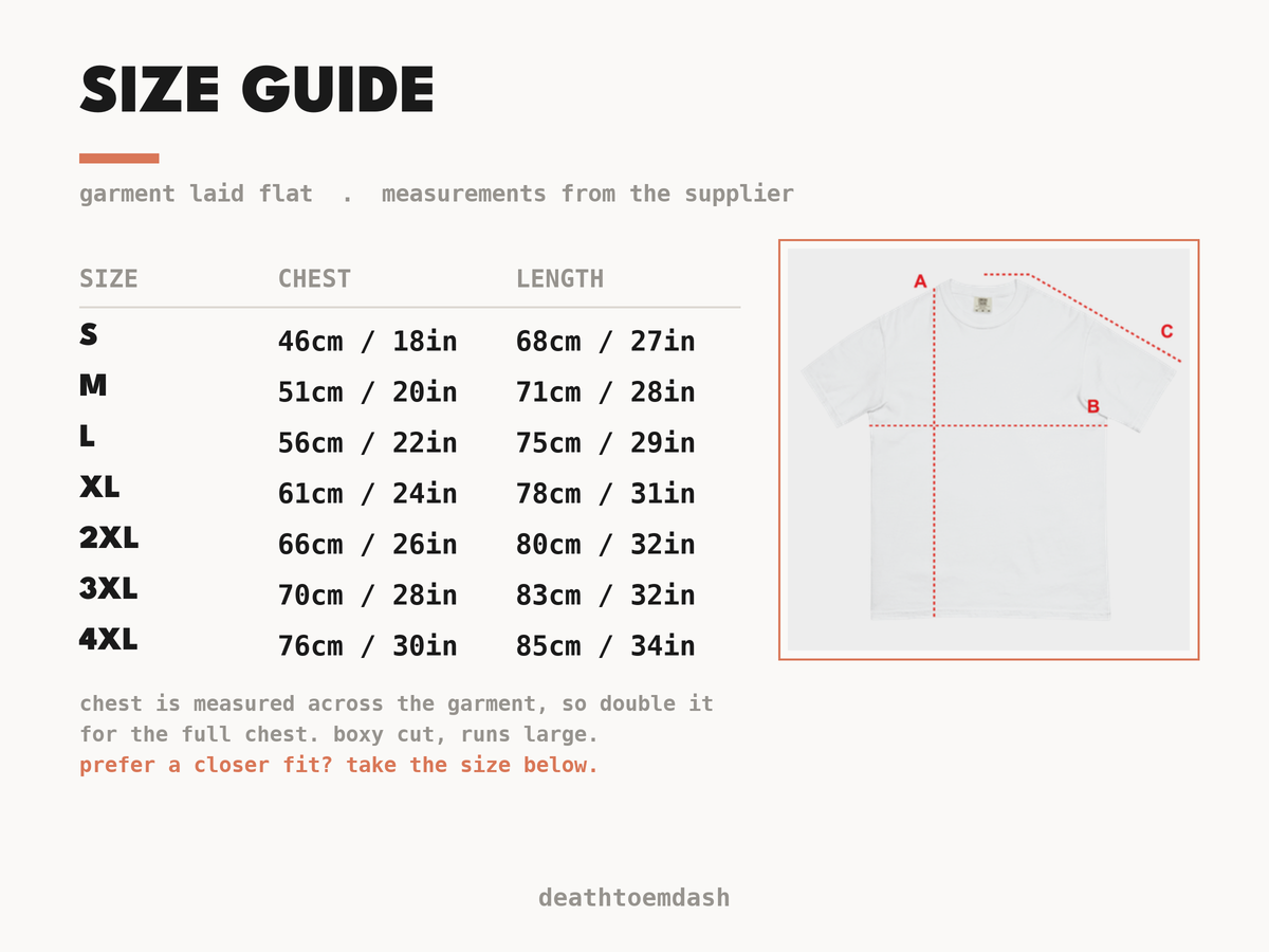 Size guide with garment measurements in centimetres and inches