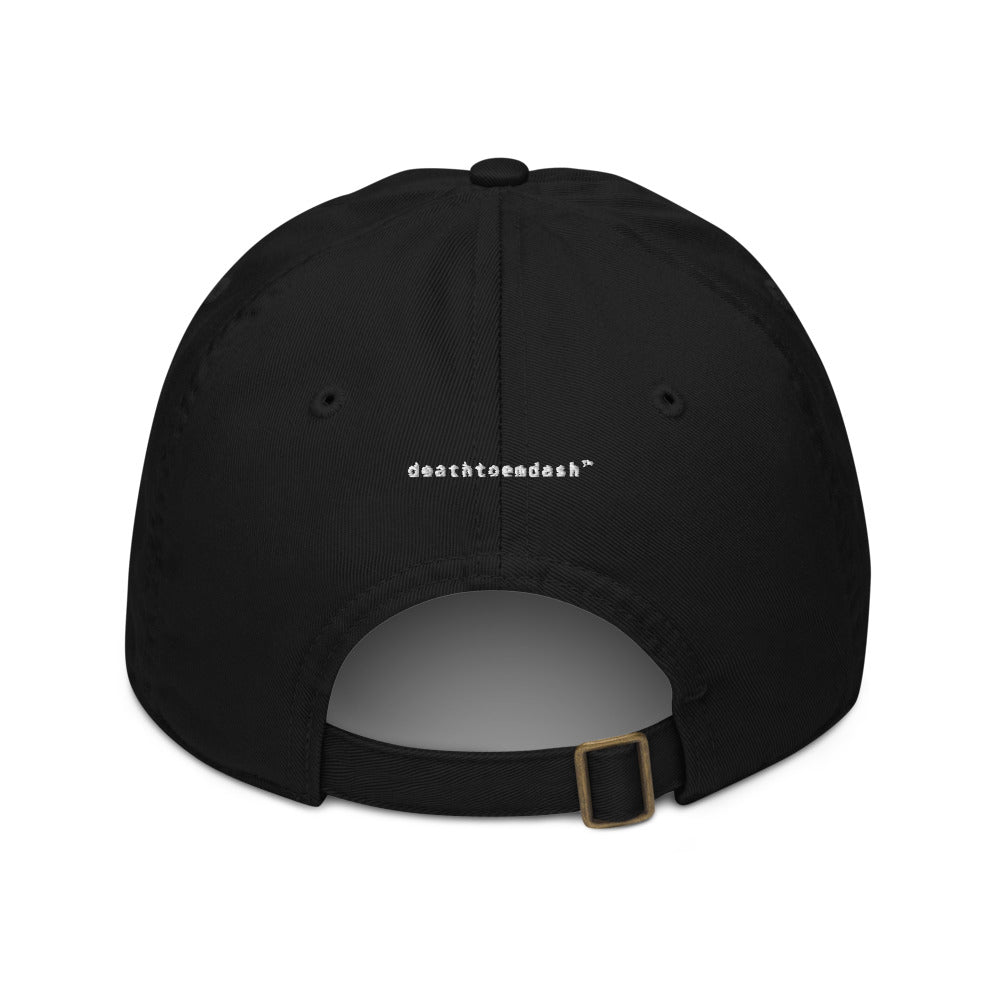 The deathtoemdash wordmark embroidered small on the back panel