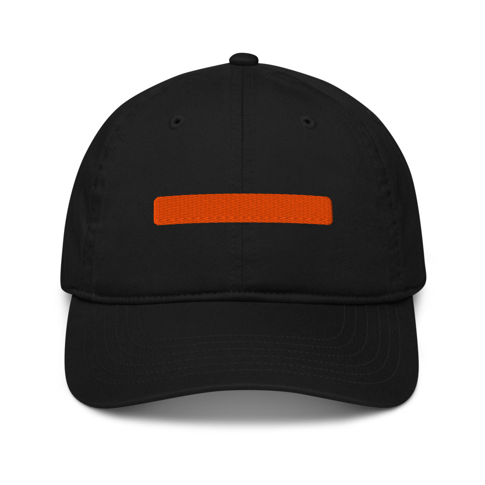 Black cap with the coral em-dash bar embroidered on the front