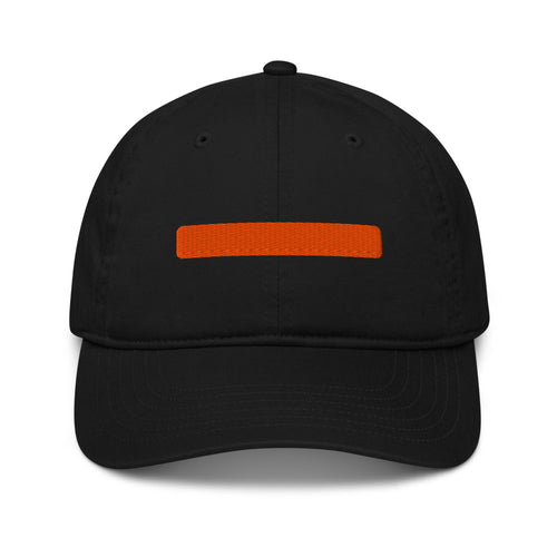 Black cap with the coral em-dash bar embroidered on the front