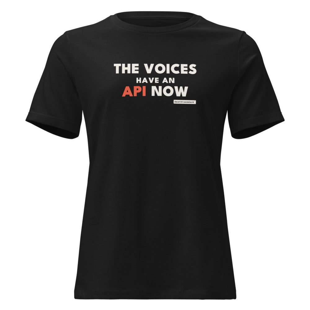 the voices have an api now tee, shown flat so the design reads