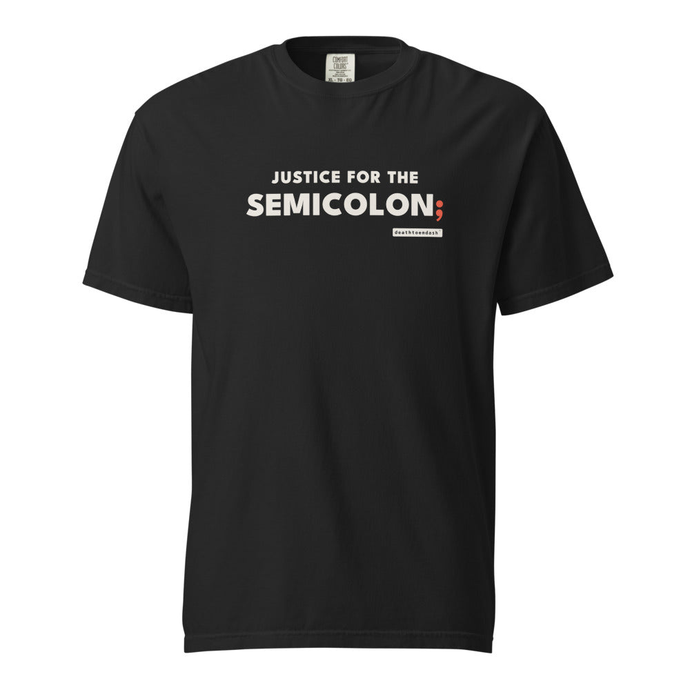 justice for the semicolon tee, shown flat so the design reads