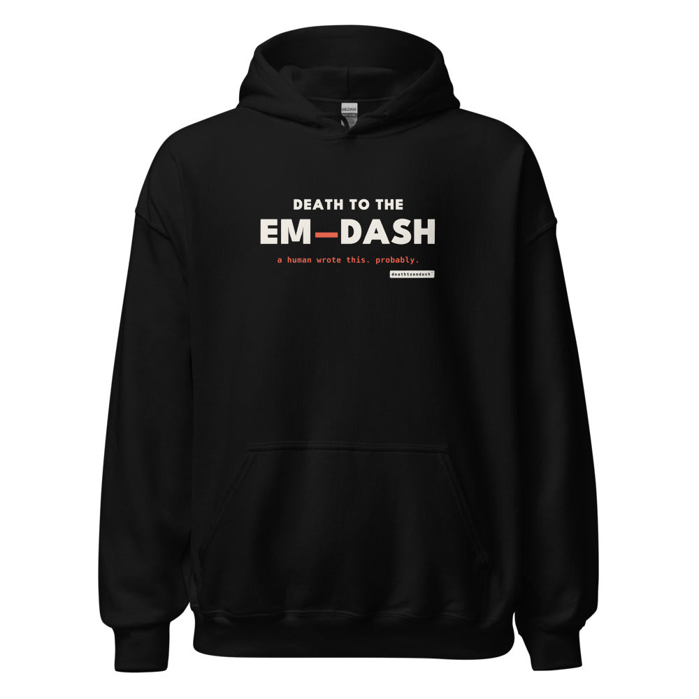 death to the em dash tee, shown flat so the design reads
