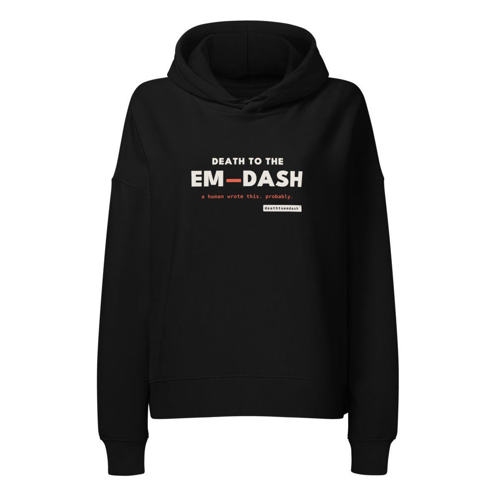 death to the em dash tee, shown flat so the design reads