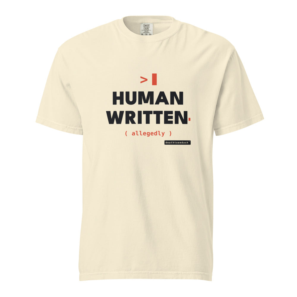 human written allegedly tee, shown flat so the design reads