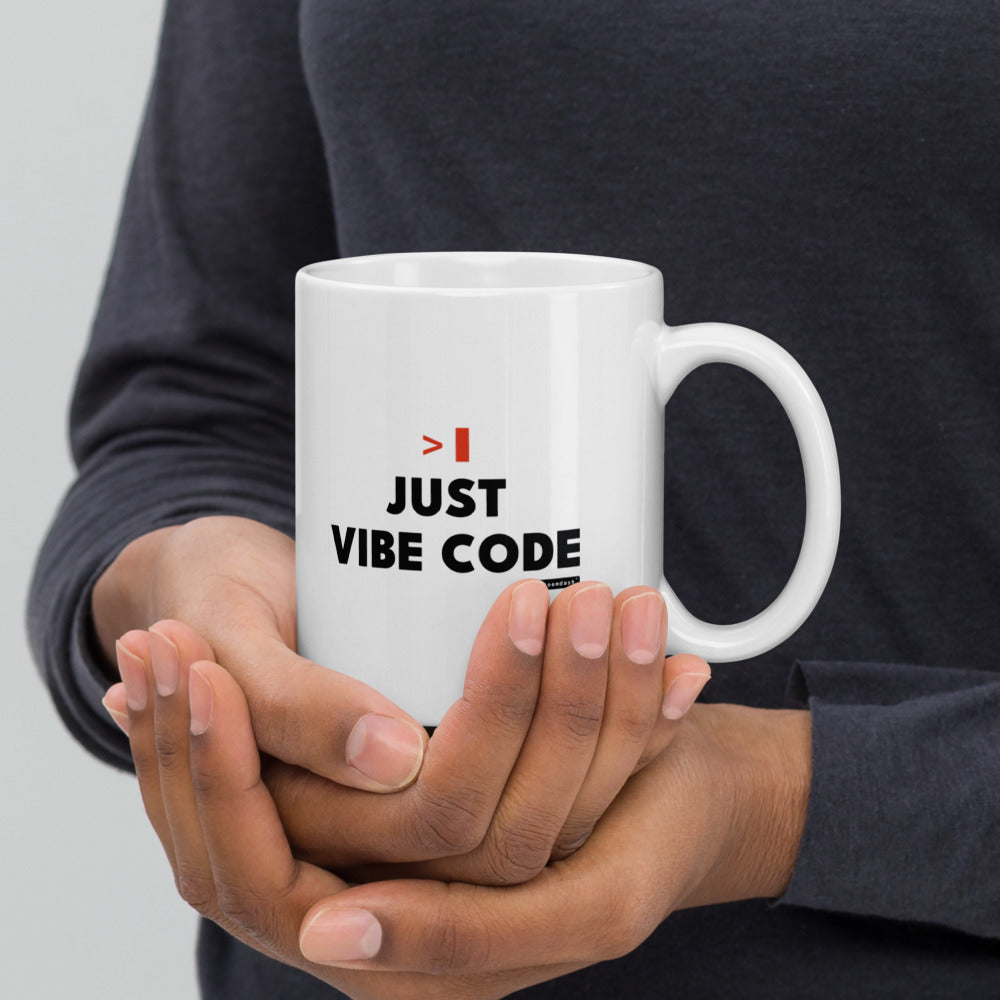 Just Vibe Code mug, handle on the right