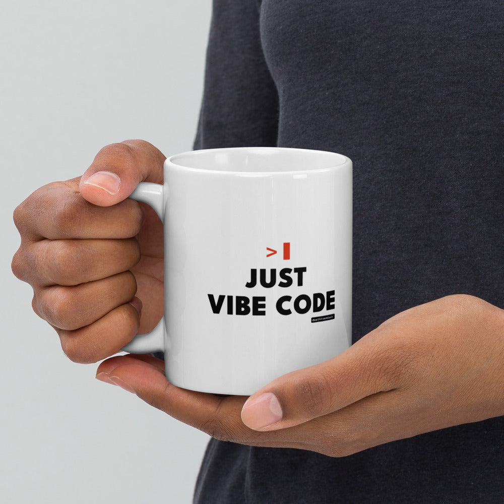 Just Vibe Code mug, another angle, handle on the left