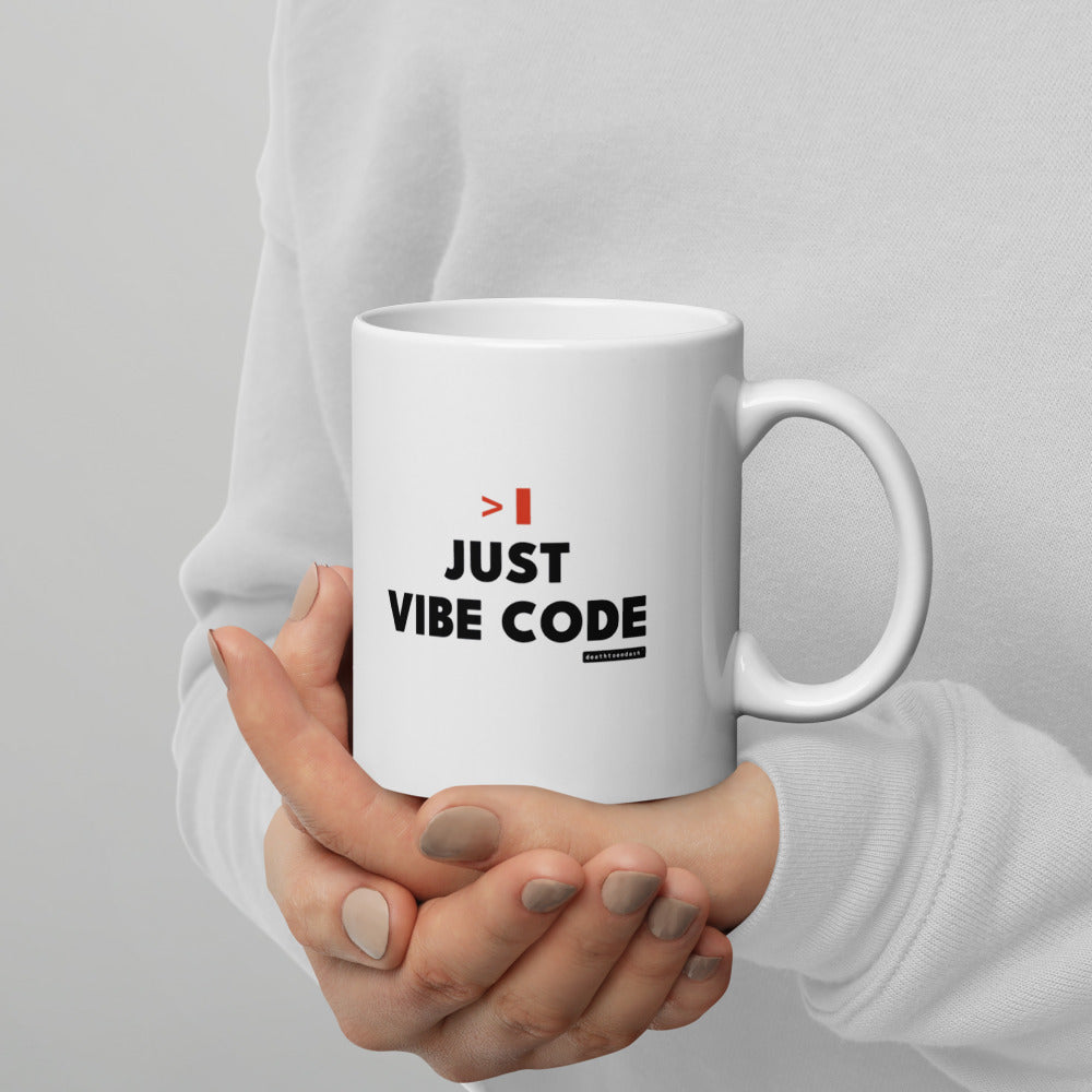 Just Vibe Code mug, close up, handle on the right