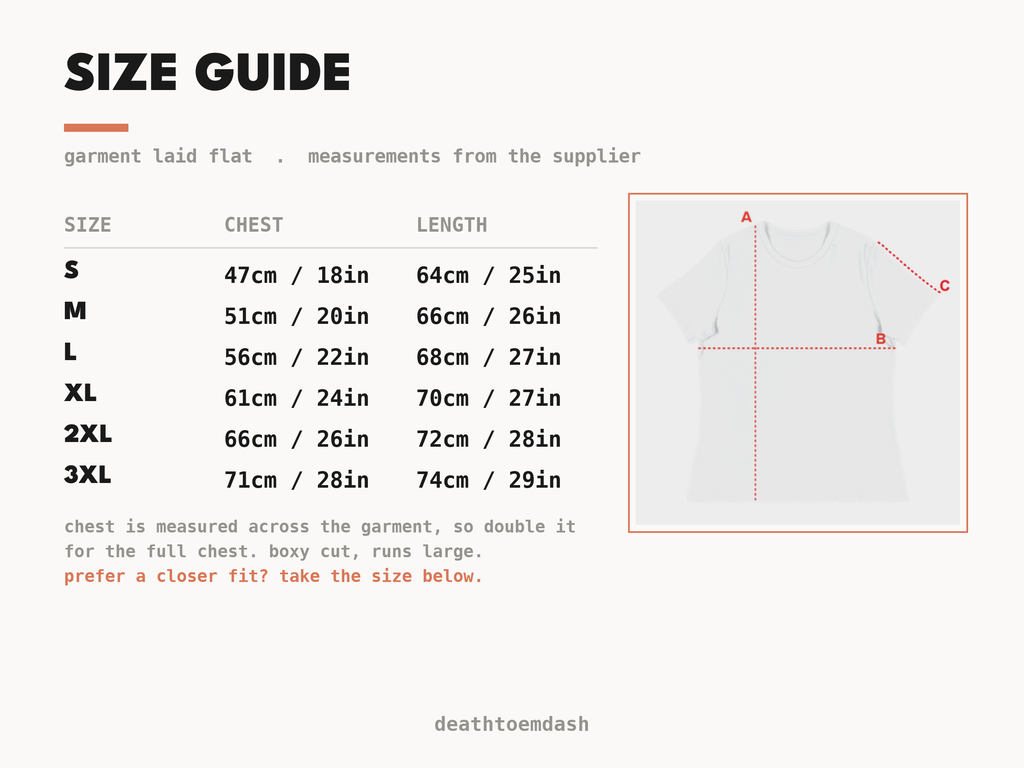 Size guide: garment measurements in centimetres and inches