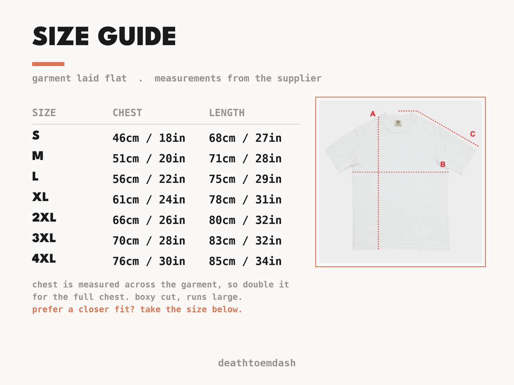 Size guide: garment measurements in centimetres and inches