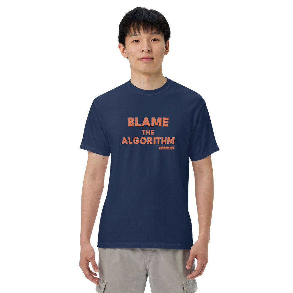 blame the algorithm tee, shown flat so the design reads