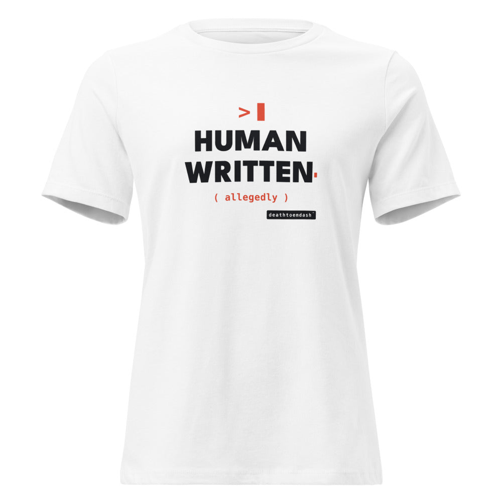 human written allegedly tee, shown flat so the design reads