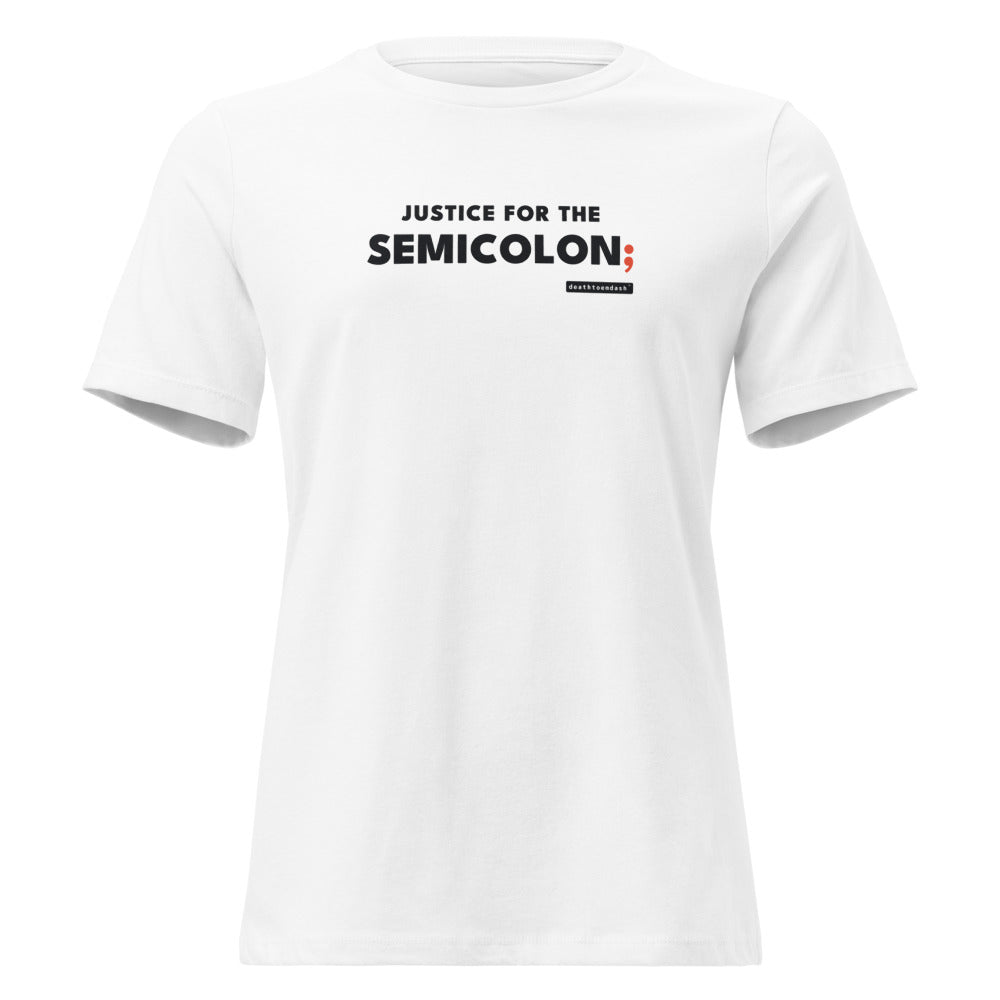 justice for the semicolon tee, shown flat so the design reads
