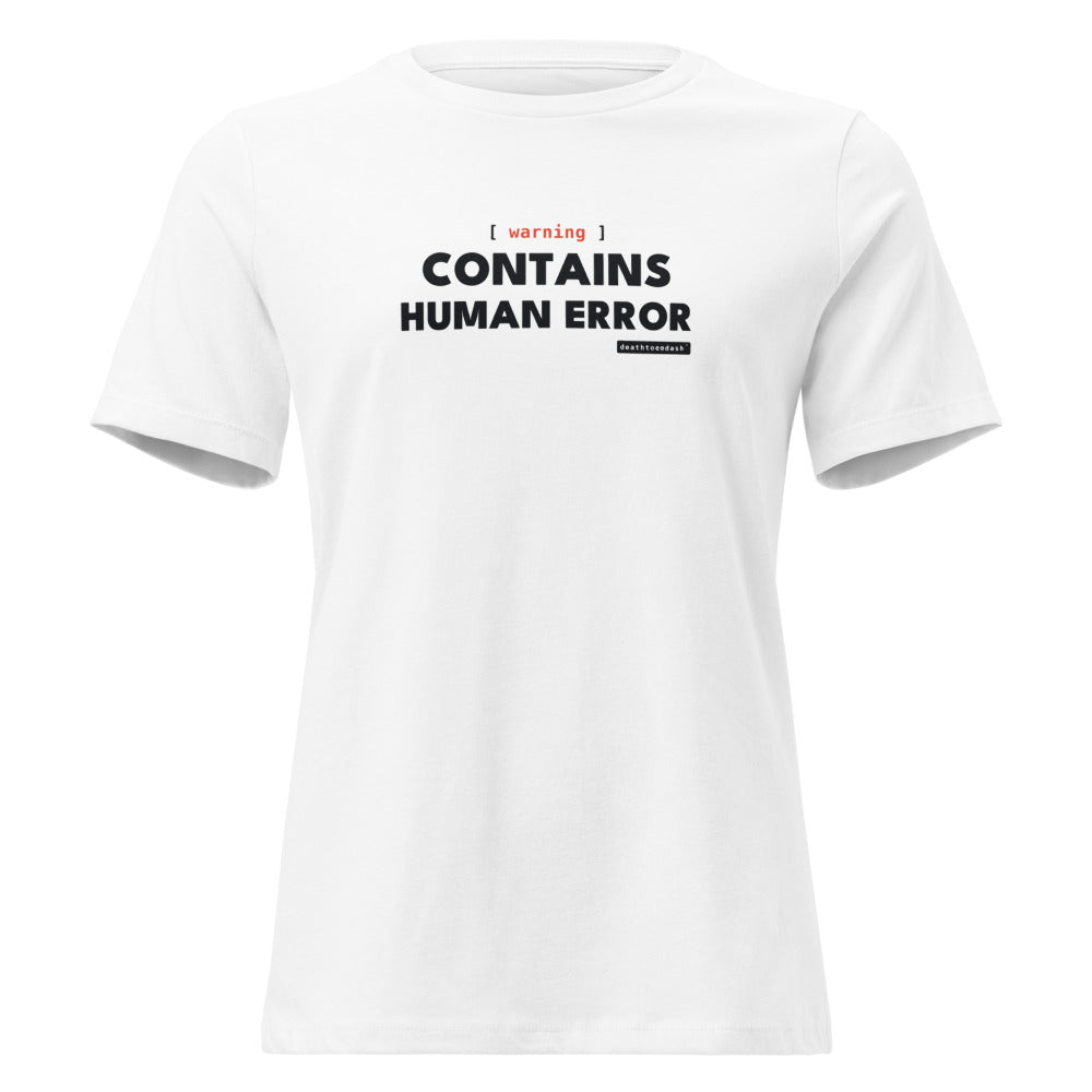 warning contains human error tee, shown flat so the design reads